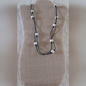 New Handmade White Bead And Black Leather Necklace New